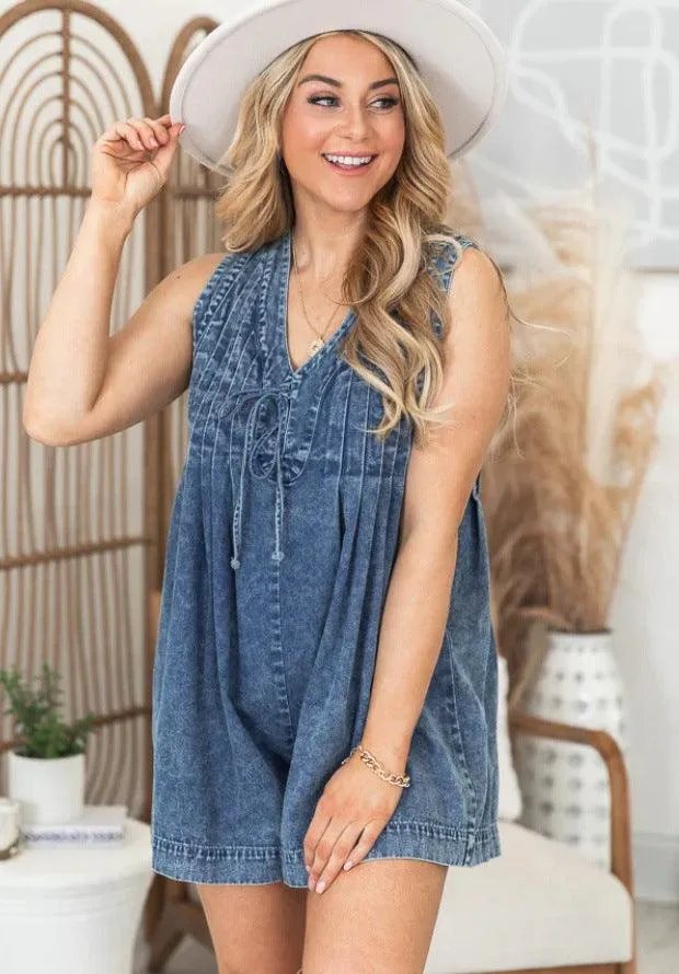 Ladies Tie Front V Neck Sleeveless Denim Jumpsuit 9025
