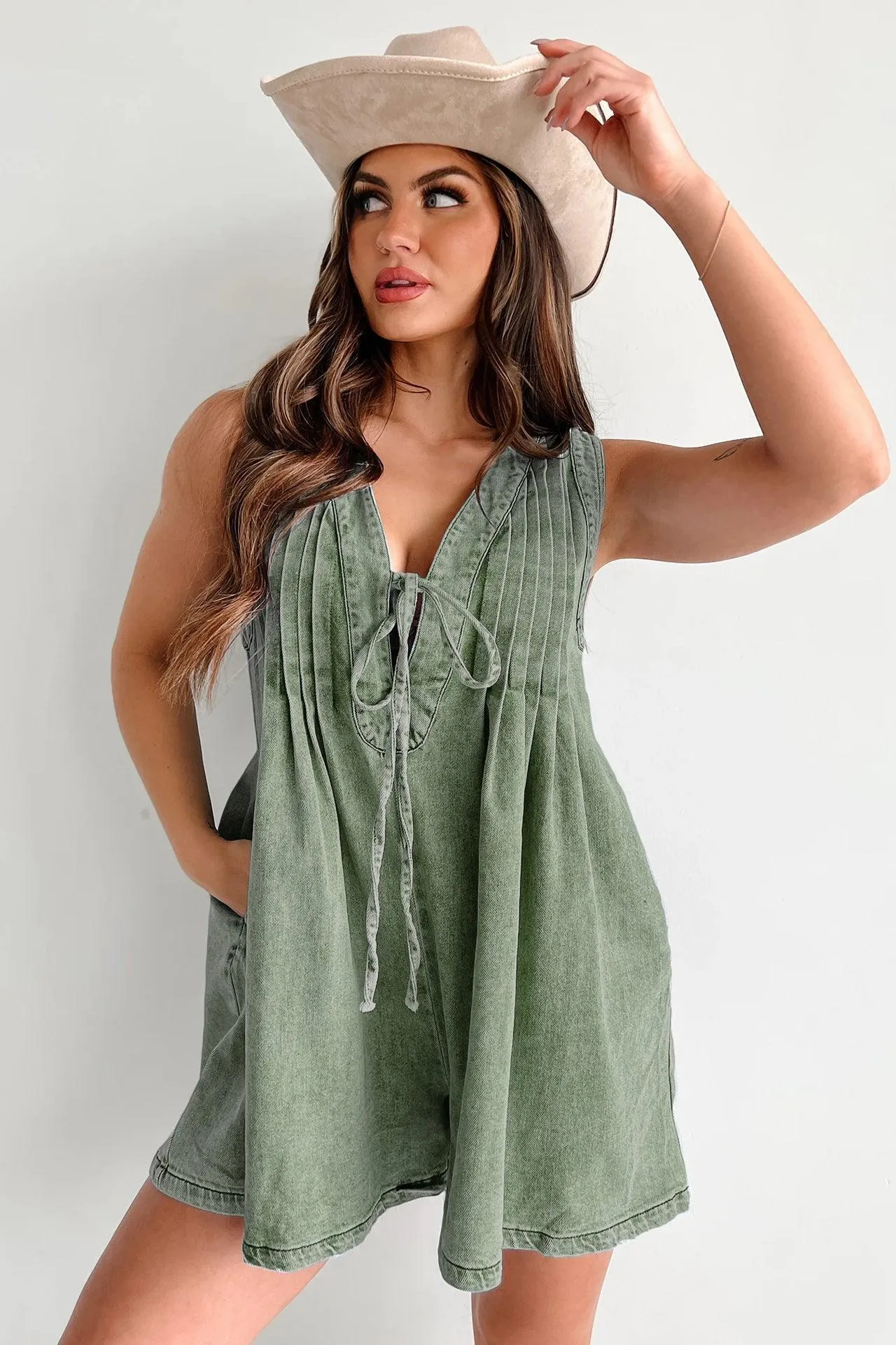 Ladies Tie Front V Neck Sleeveless Denim Jumpsuit 9025
