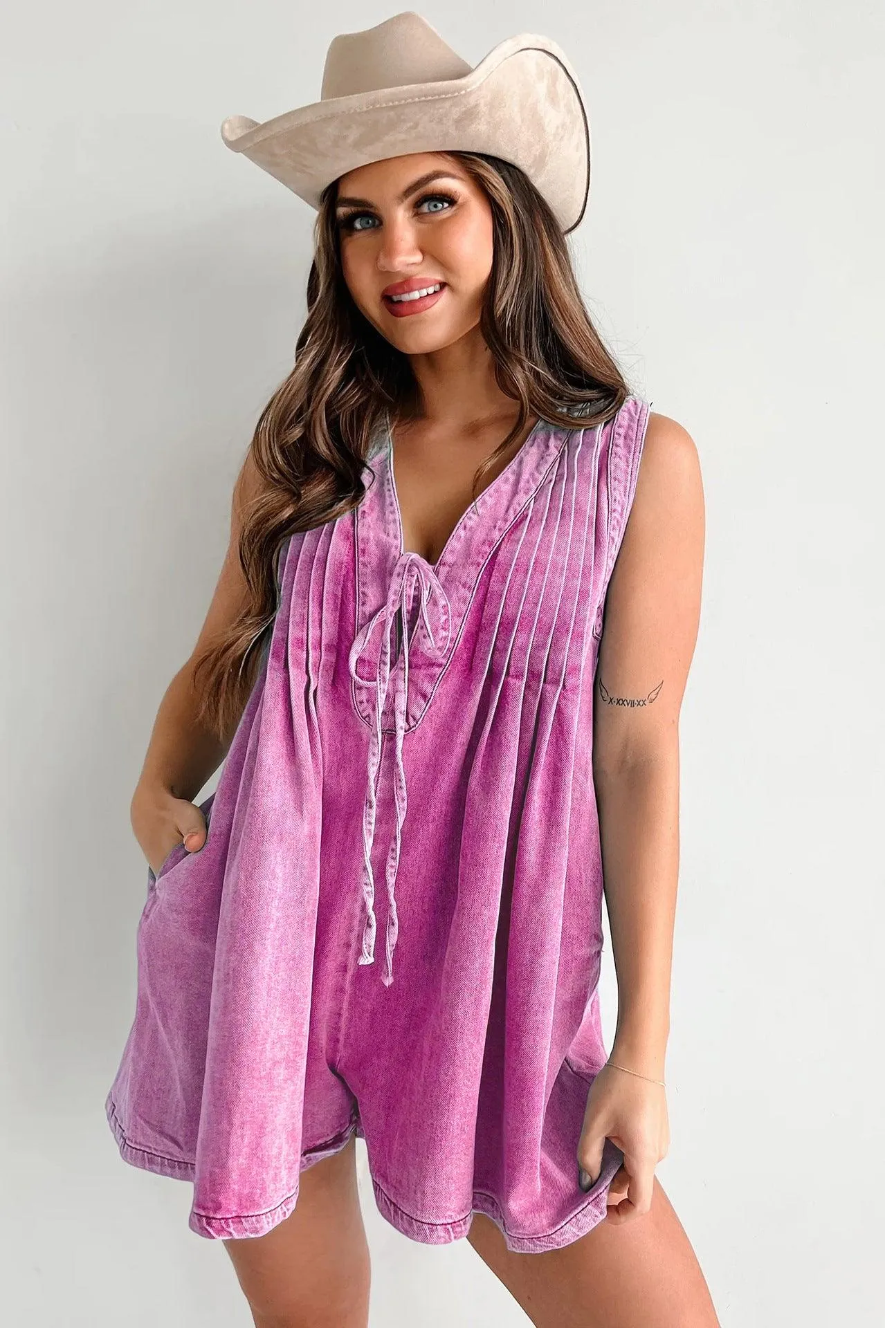 Ladies Tie Front V Neck Sleeveless Denim Jumpsuit 9025