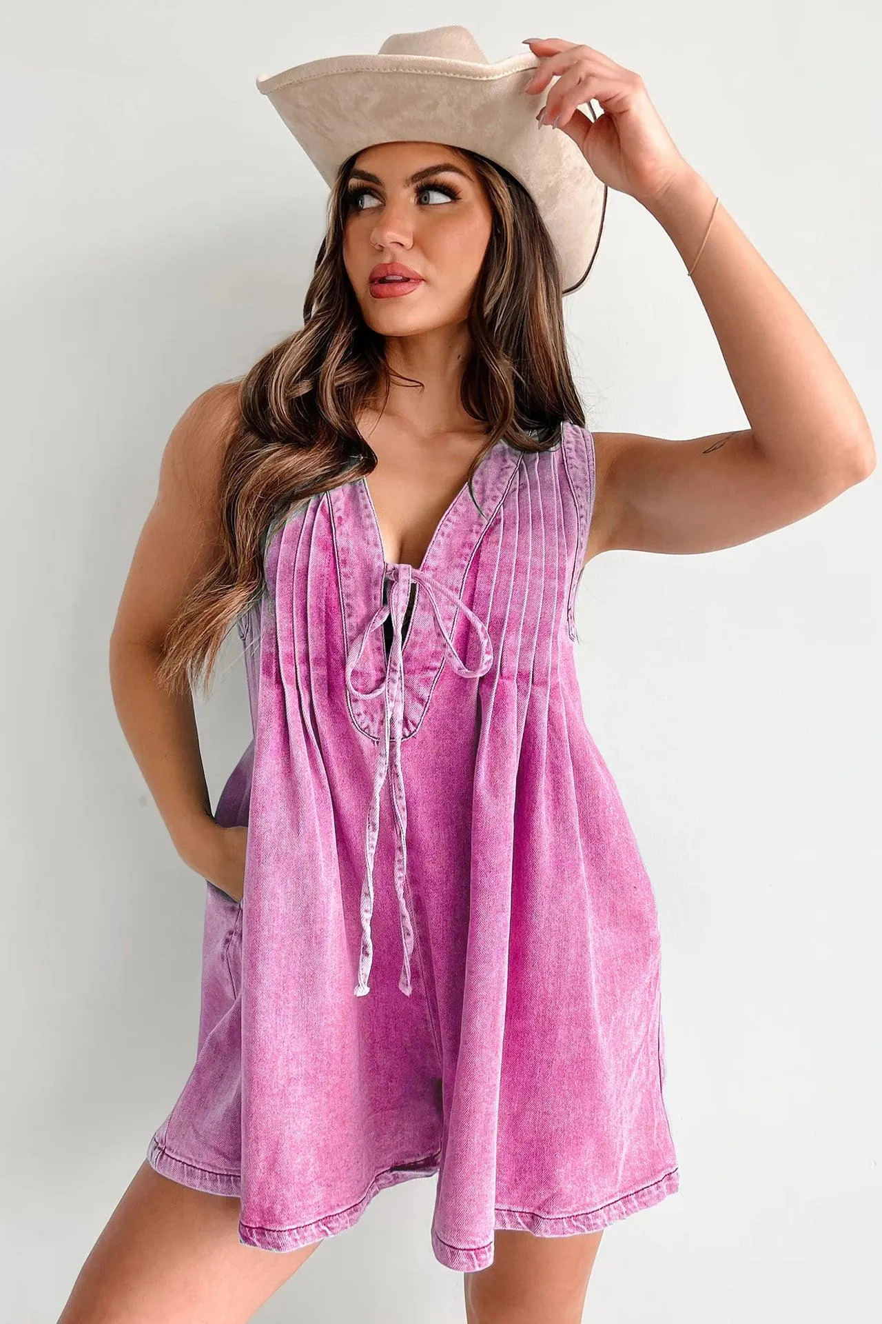 Ladies Tie Front V Neck Sleeveless Denim Jumpsuit 9025