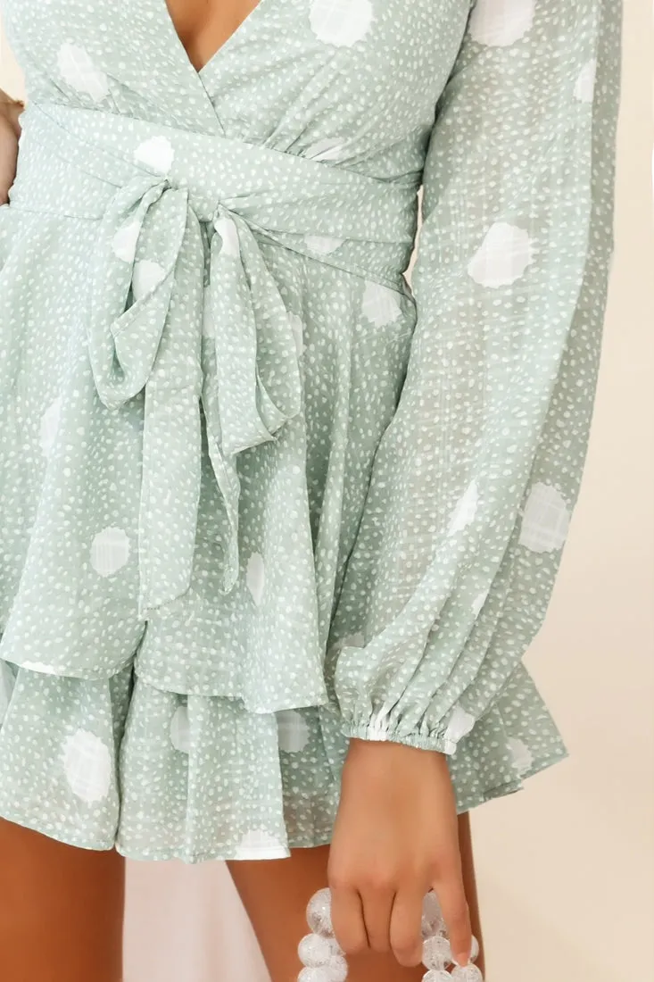 Maddox Fit & Flare Long Sleeve Romper Polka Dot Print Green