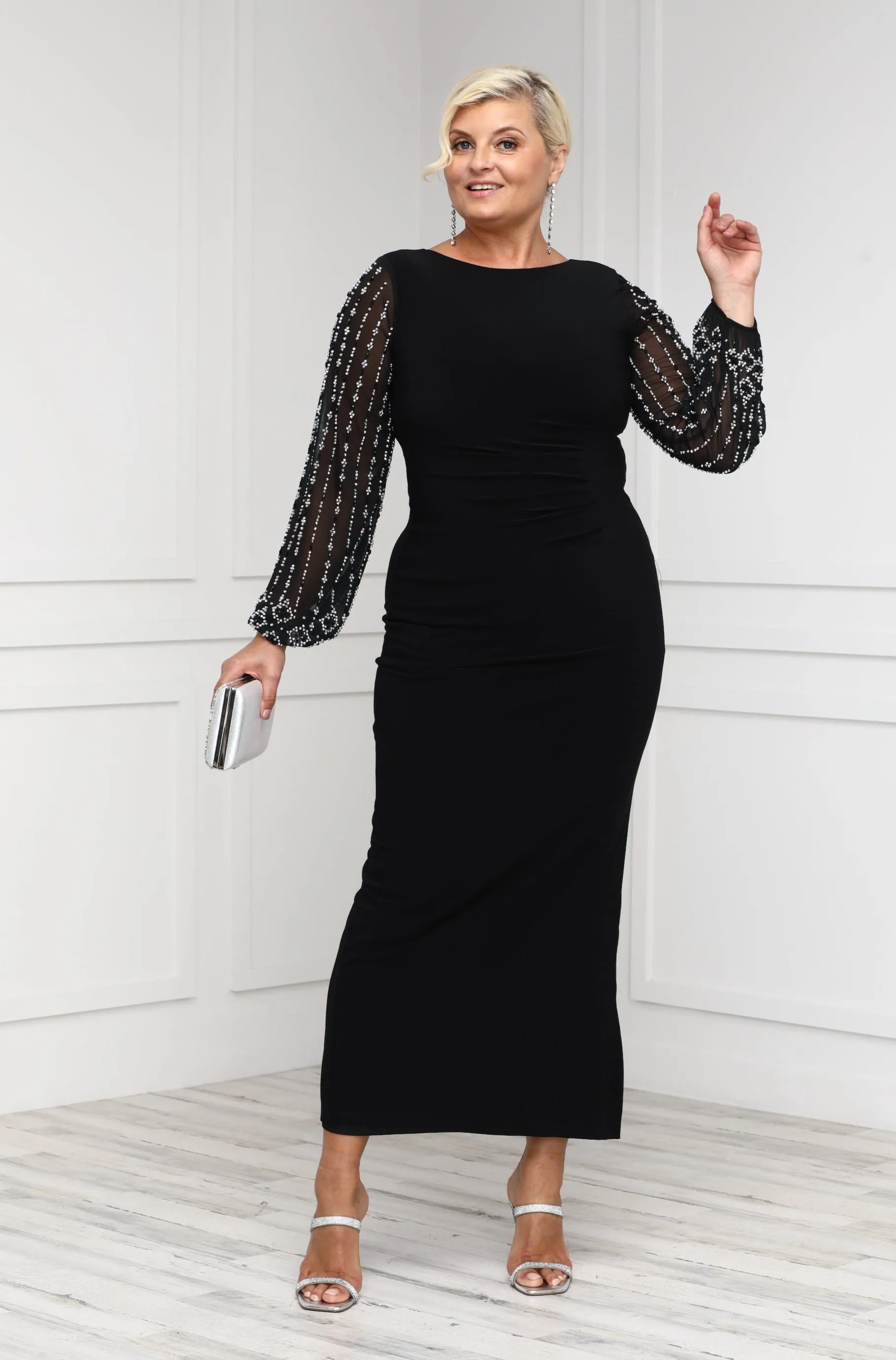 Marina Women's Beaded Sleeve  Long Formal Gown- Mother of the Groom Dress