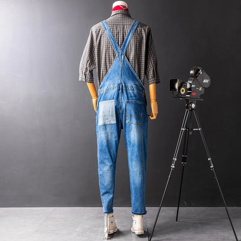 Men's Denim Bib Overalls with Slant Pocket Tapered Leg Casual Jumpsuit