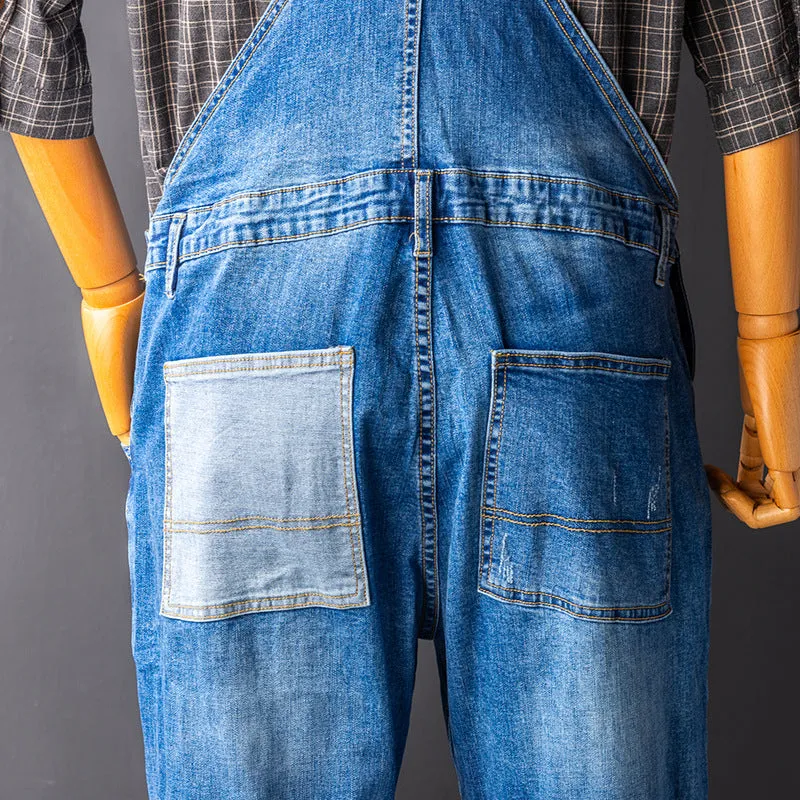 Men's Denim Bib Overalls with Slant Pocket Tapered Leg Casual Jumpsuit