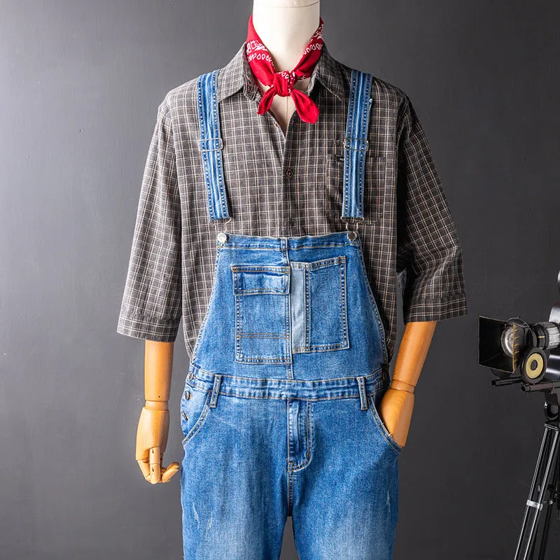 Men's Denim Bib Overalls with Slant Pocket Tapered Leg Casual Jumpsuit