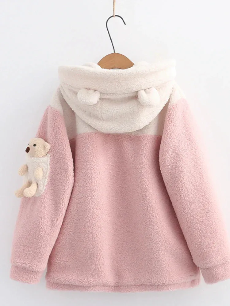 Metaversmall Women Wool & Blends Hooded Coats Jackets Sweet Style Cartoon Bear Appliques Harajuku Outerwear Winter Pockets Cute Tops