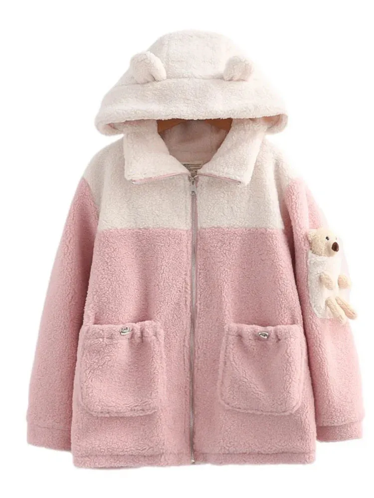 Metaversmall Women Wool & Blends Hooded Coats Jackets Sweet Style Cartoon Bear Appliques Harajuku Outerwear Winter Pockets Cute Tops