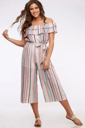 Peach Love Ruffle Capri Jumpsuit - Striped