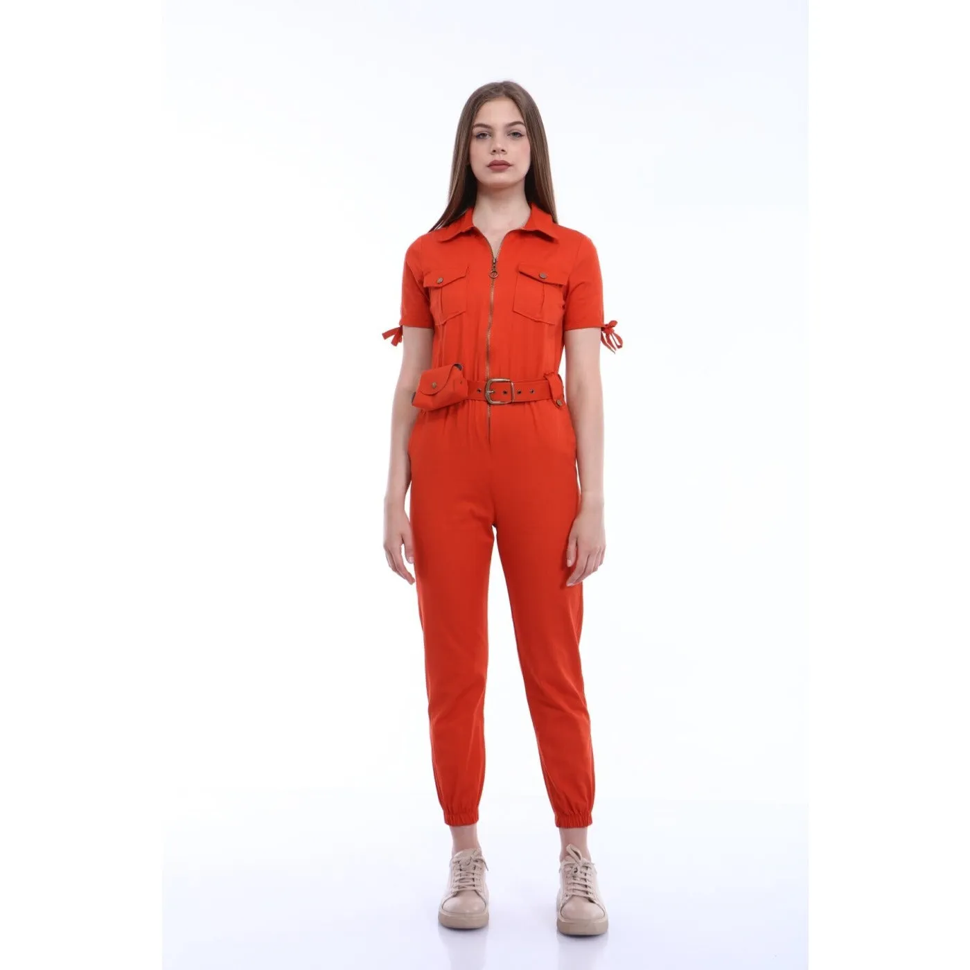 Red Short Sleeves Denim Jumpsuit