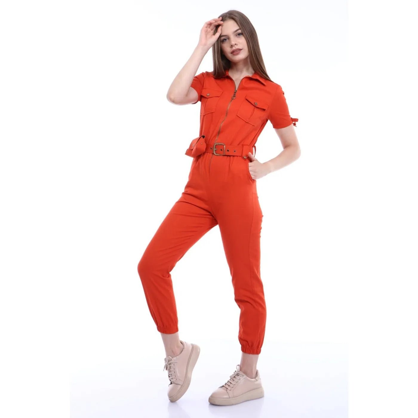 Red Short Sleeves Denim Jumpsuit