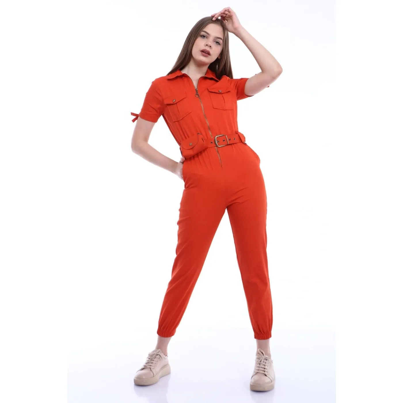 Red Short Sleeves Denim Jumpsuit