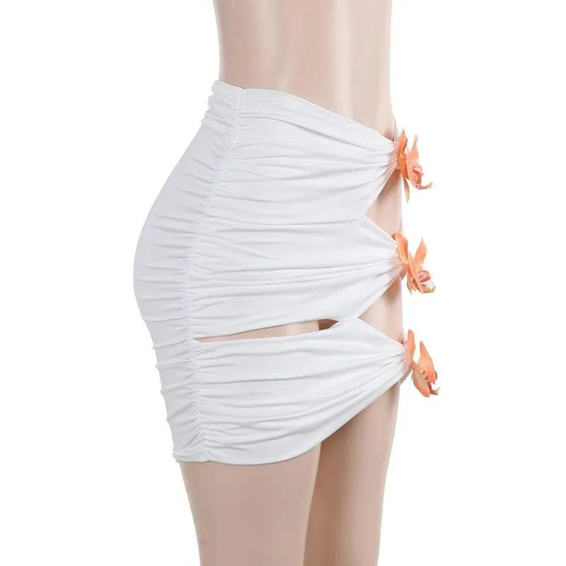 Ruched flower applique hollow out cut out mini skirt set