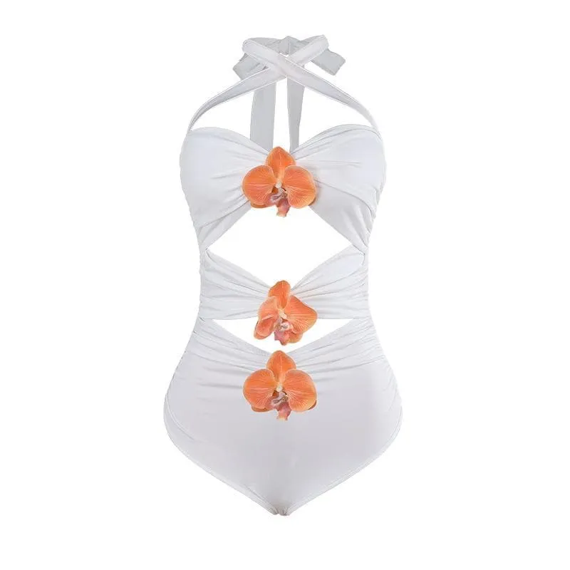 Ruched flower applique hollow out cut out mini skirt set