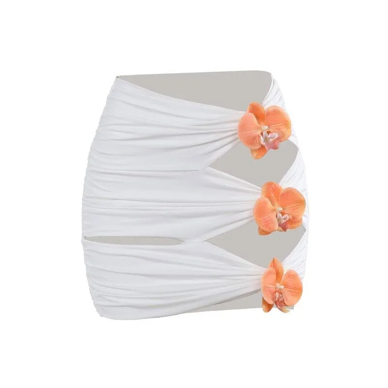 Ruched flower applique hollow out cut out mini skirt set