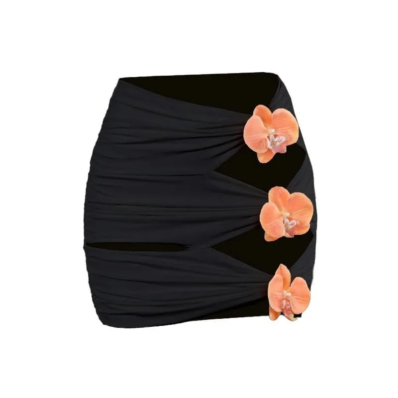 Ruched flower applique hollow out cut out mini skirt set