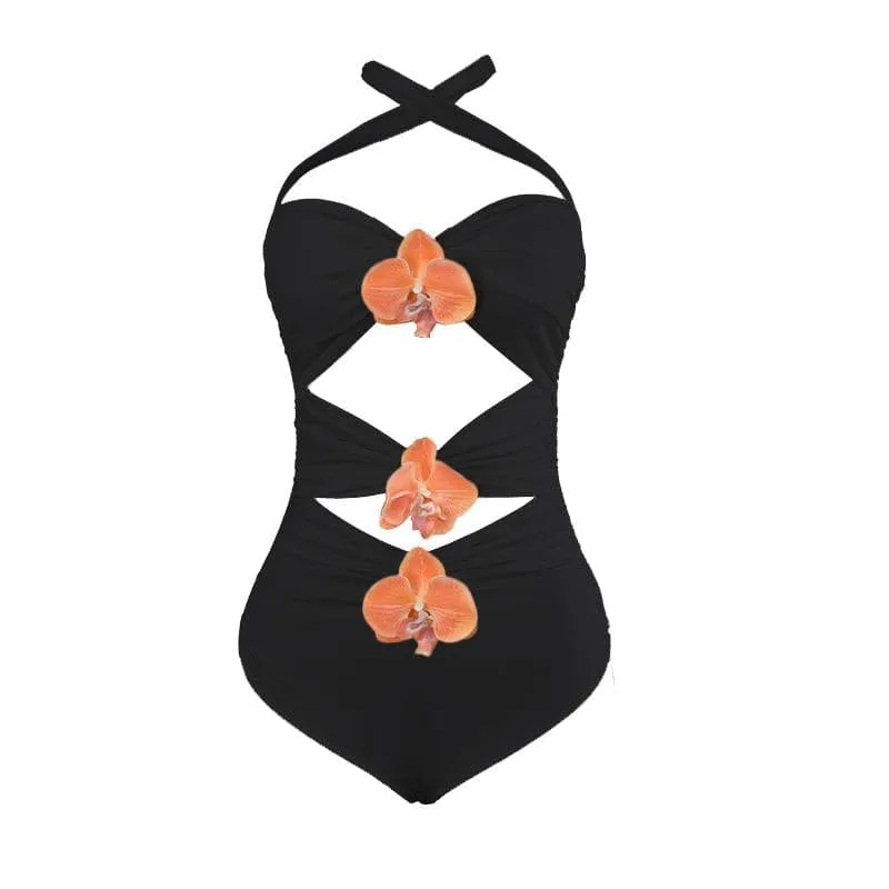 Ruched flower applique hollow out cut out mini skirt set