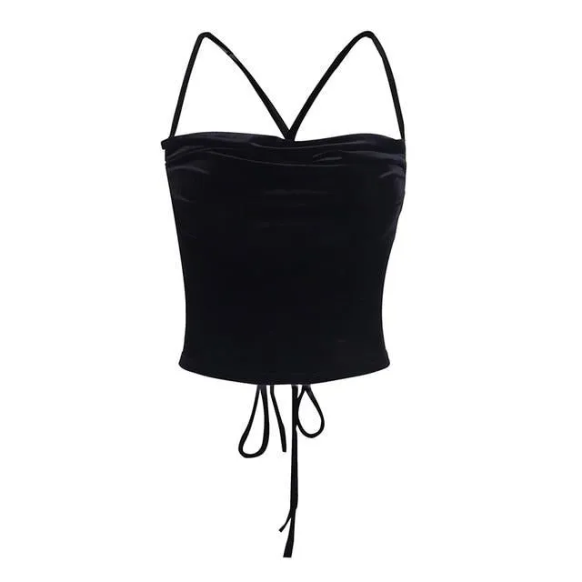 Sexy Lace Up Crop Top Casual Velvet Top Camisole Cropped Tank Top