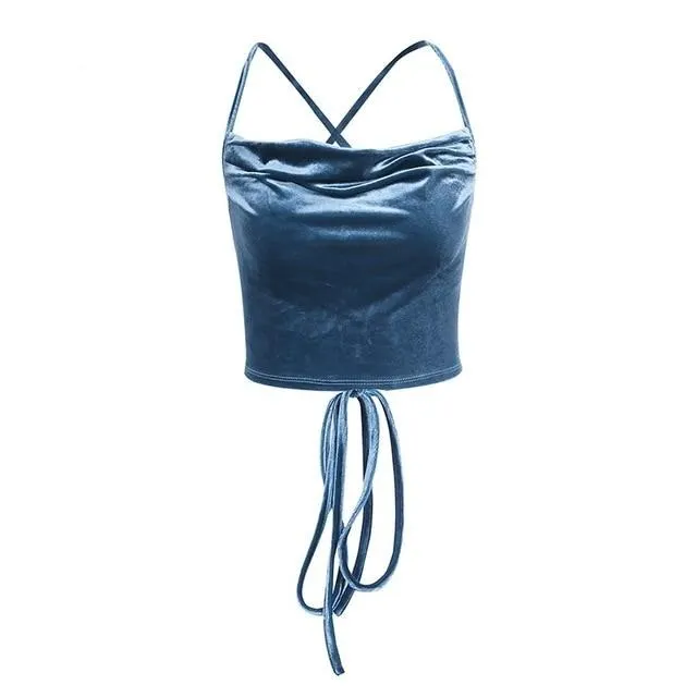 Sexy Lace Up Crop Top Casual Velvet Top Camisole Cropped Tank Top