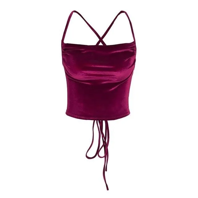 Sexy Lace Up Crop Top Casual Velvet Top Camisole Cropped Tank Top
