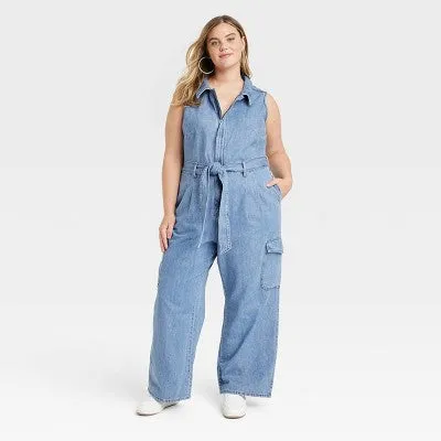 Universal Thread Women's Denim Cargo Jumpsuit Sleeveless Overalls Belt Loop