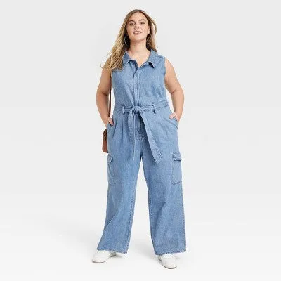 Universal Thread Women's Denim Cargo Jumpsuit Sleeveless Overalls Belt Loop