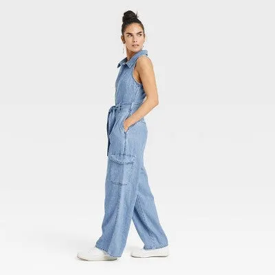 Universal Thread Women's Denim Cargo Jumpsuit Sleeveless Overalls Belt Loop