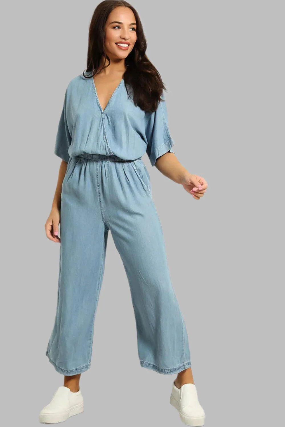 V-Neck Relaxed Fit Denim Jumpsuit