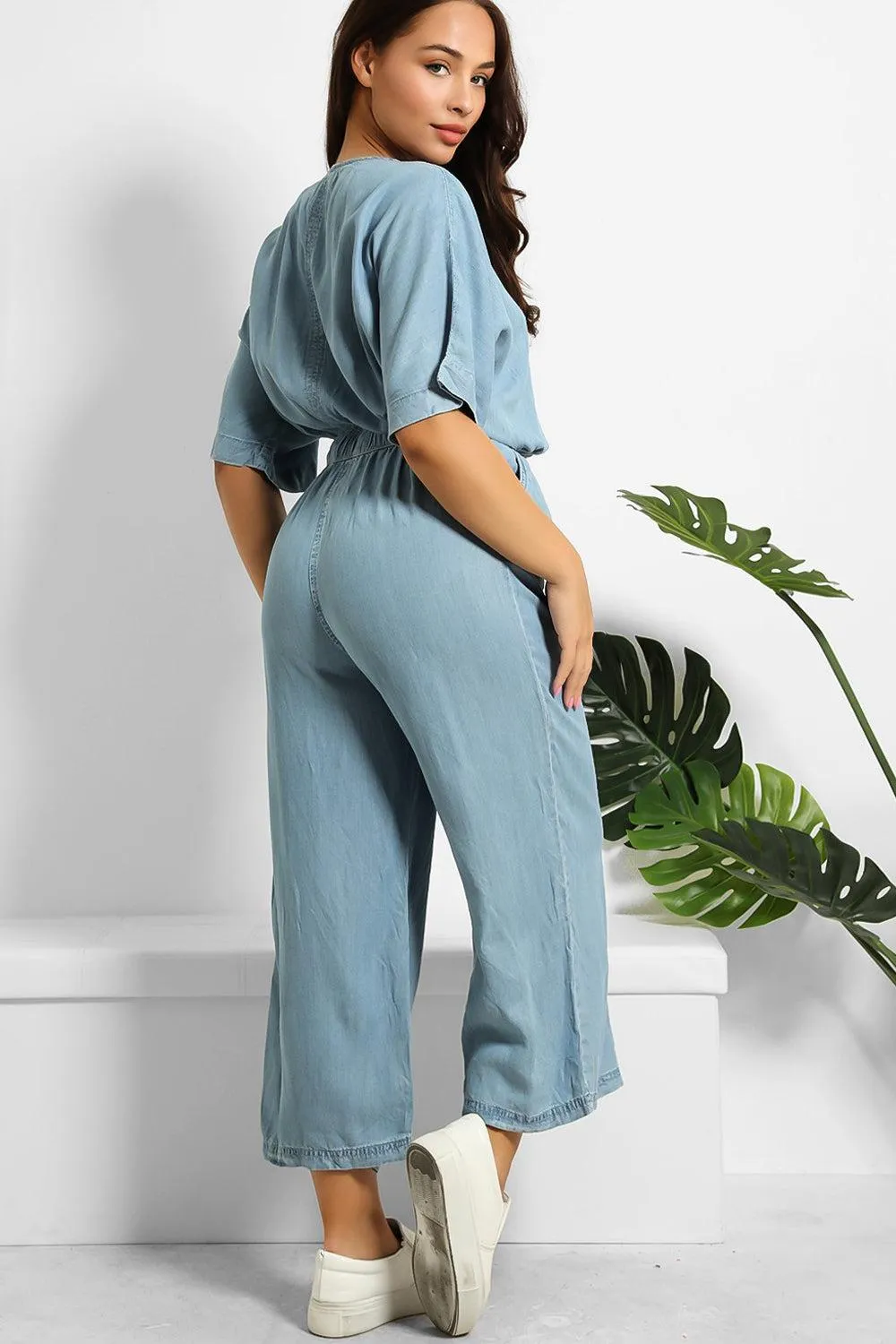 V-Neck Relaxed Fit Denim Jumpsuit
