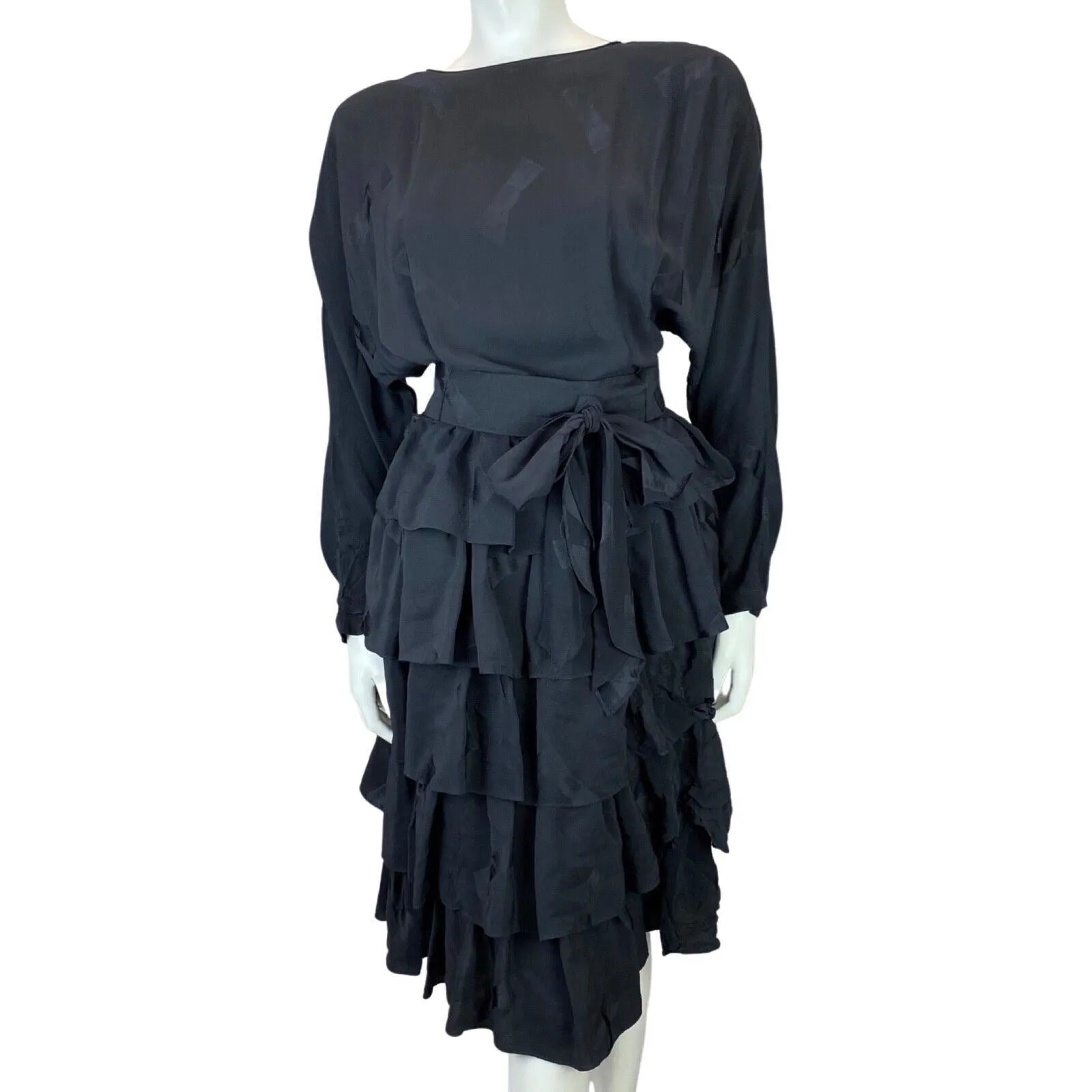 Vintage 80s Black Louis Féraud Bat Wing Belted Ruffle Skirt Dress 10 S