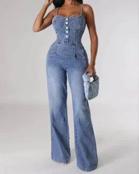 Washed Stretch Suspender Wide Leg Denim Jumpsuit 6012