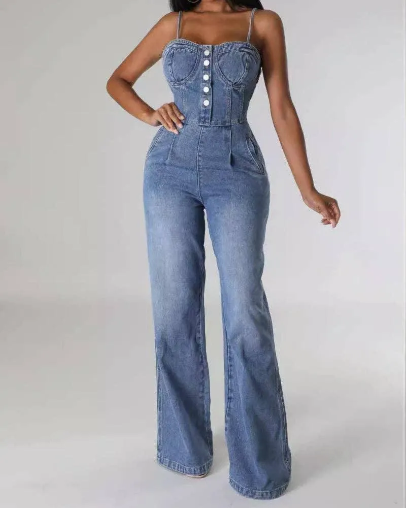 Washed Stretch Suspender Wide Leg Denim Jumpsuit 6012