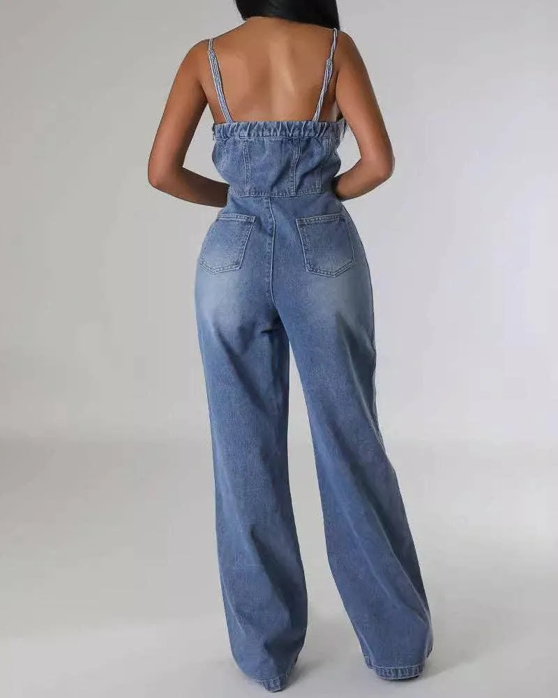 Washed Stretch Suspender Wide Leg Denim Jumpsuit 6012