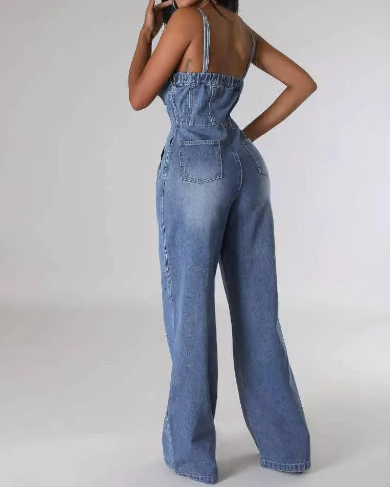 Washed Stretch Suspender Wide Leg Denim Jumpsuit 6012