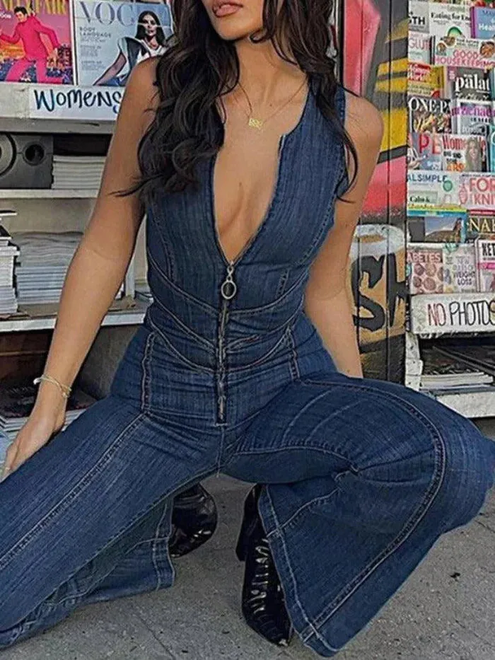 Wenkouban Black Friday Praty Outfits Idea Vintage High Rise Denim Jumpsuit with Zipper 24/11/28