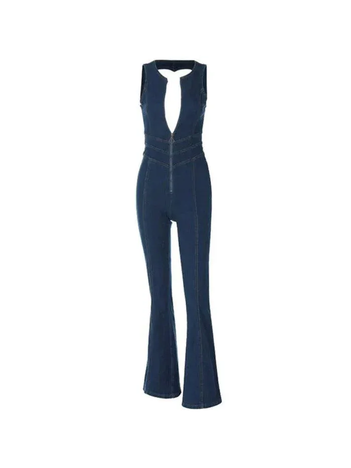 Wenkouban Vintage High Rise Denim Jumpsuit with Zipper