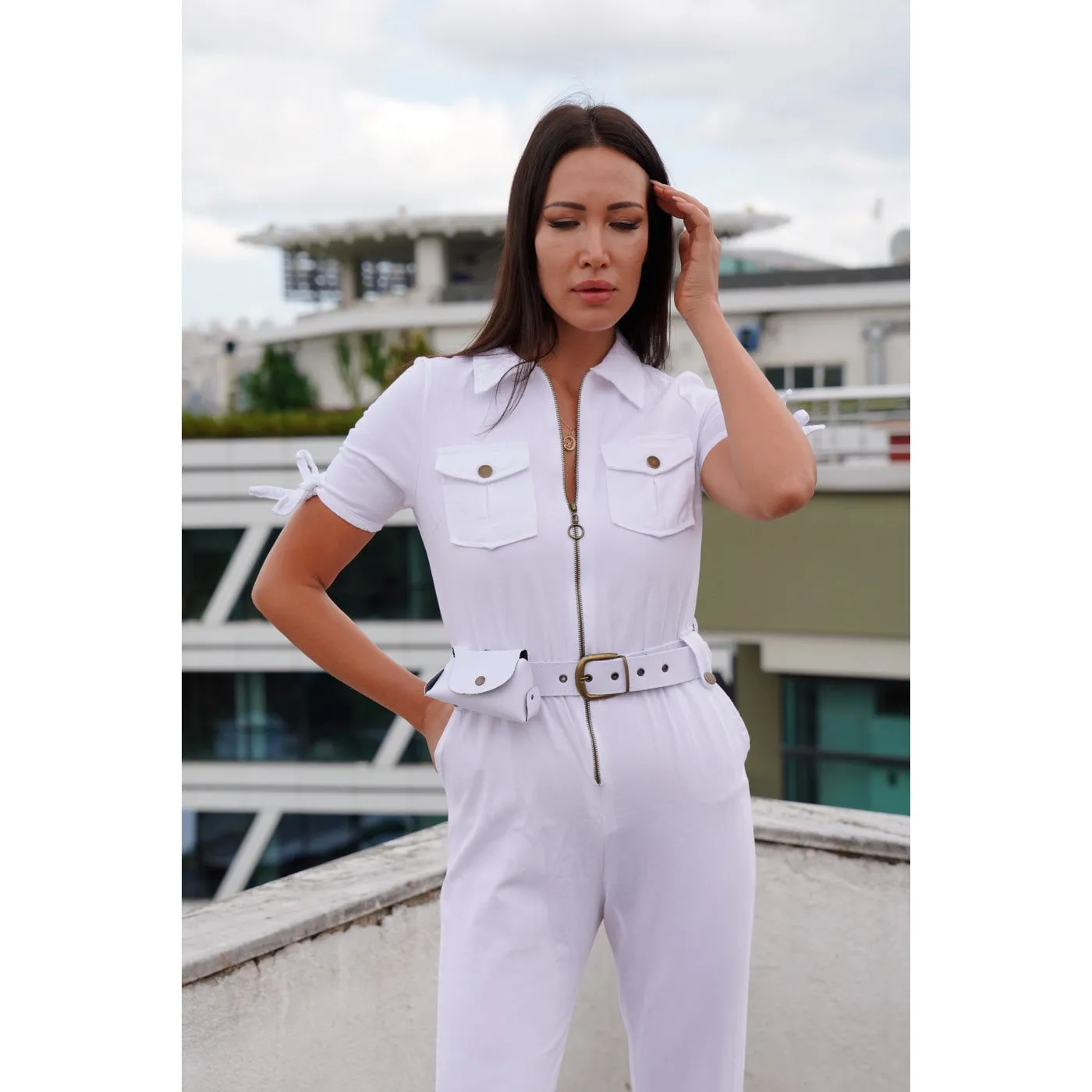 White Denim Bag Detailed Jumpsuit