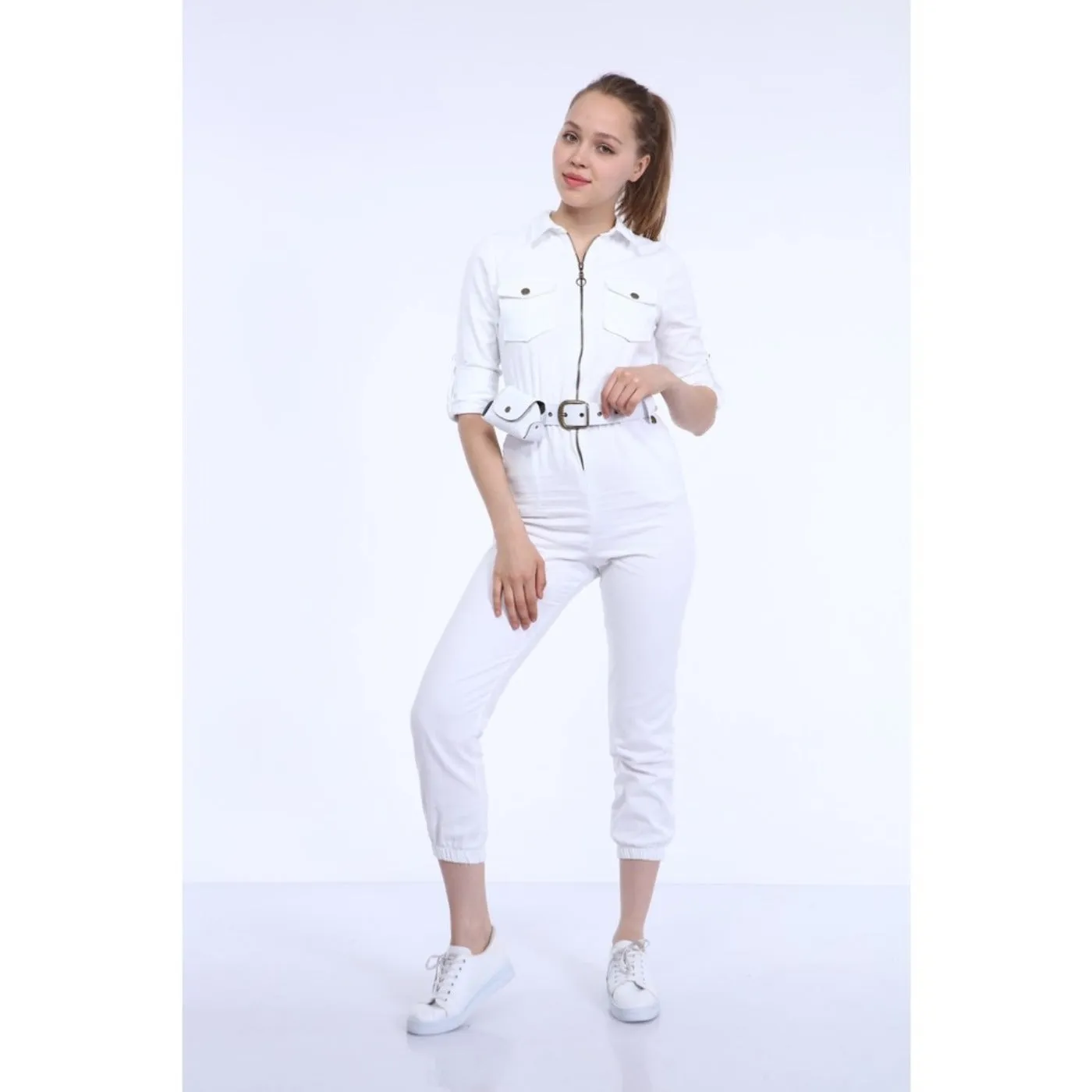 White Denim Bag Detailed Jumpsuit