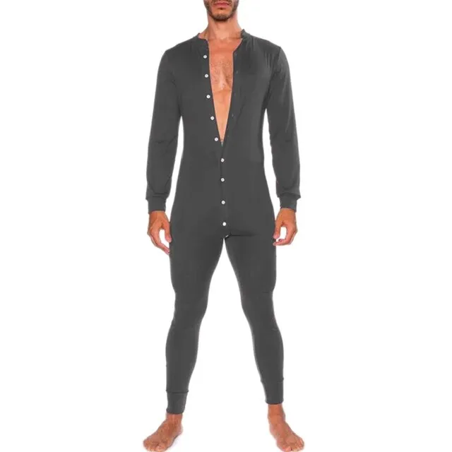 Wiaofellas Men Single Breasted Slim Romper Homewear Fashion Long Sleeve Autumn Spring Mens Overalls Casual Solid Jumpsuit Pajamas