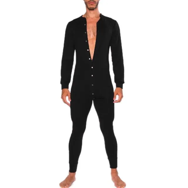Wiaofellas Men Single Breasted Slim Romper Homewear Fashion Long Sleeve Autumn Spring Mens Overalls Casual Solid Jumpsuit Pajamas
