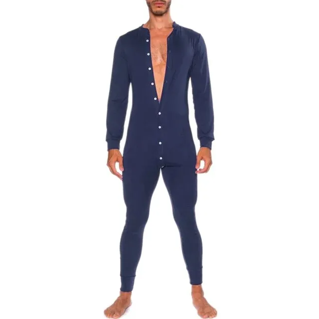 Wiaofellas Men Single Breasted Slim Romper Homewear Fashion Long Sleeve Autumn Spring Mens Overalls Casual Solid Jumpsuit Pajamas