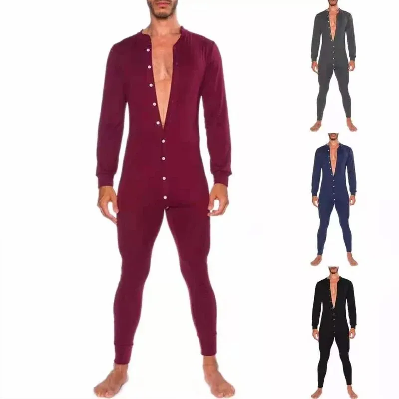 Wiaofellas Men Single Breasted Slim Romper Homewear Fashion Long Sleeve Autumn Spring Mens Overalls Casual Solid Jumpsuit Pajamas