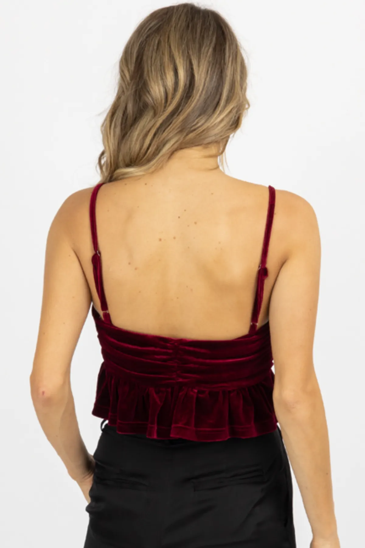 WINE VELVET RUFFLED CROPPED TOP