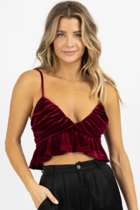 WINE VELVET RUFFLED CROPPED TOP