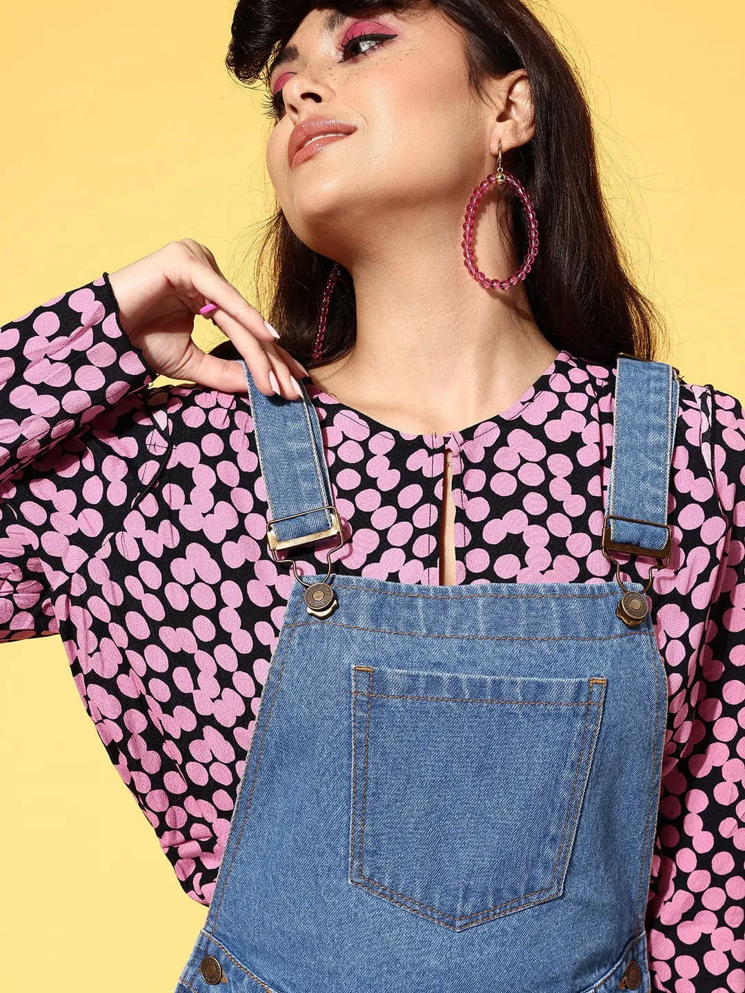 Women Blue Denim Side Buttoned Shorts Dungaree