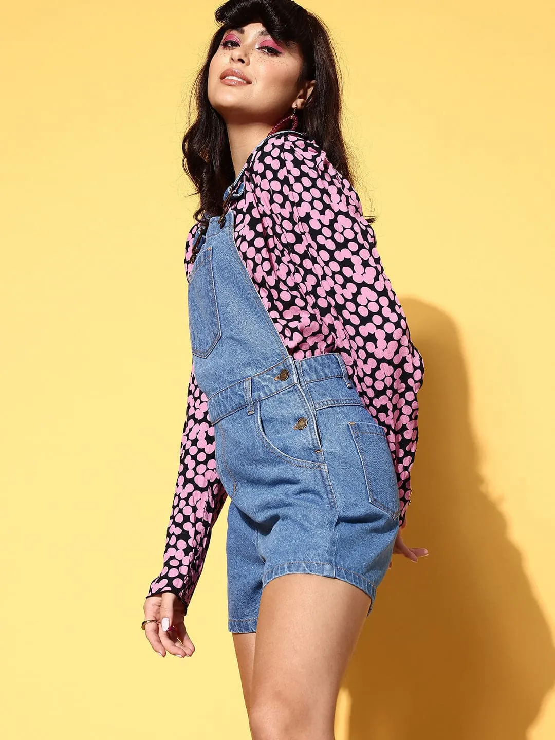Women Blue Denim Side Buttoned Shorts Dungaree