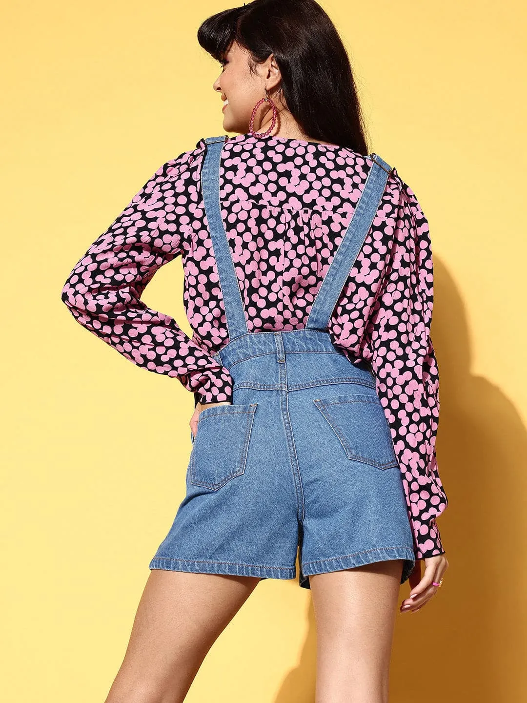 Women Blue Denim Side Buttoned Shorts Dungaree