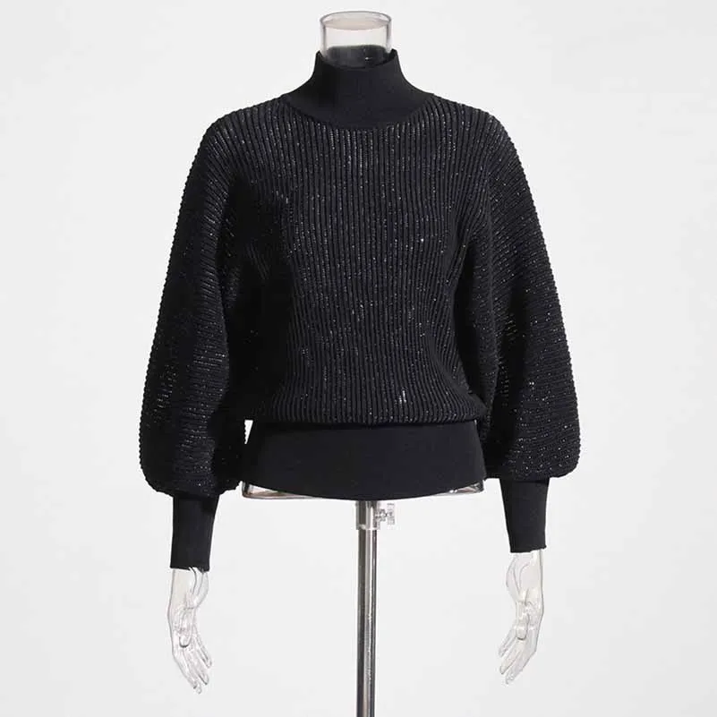 Women Stand Collar Lantern Sleeve Sweater