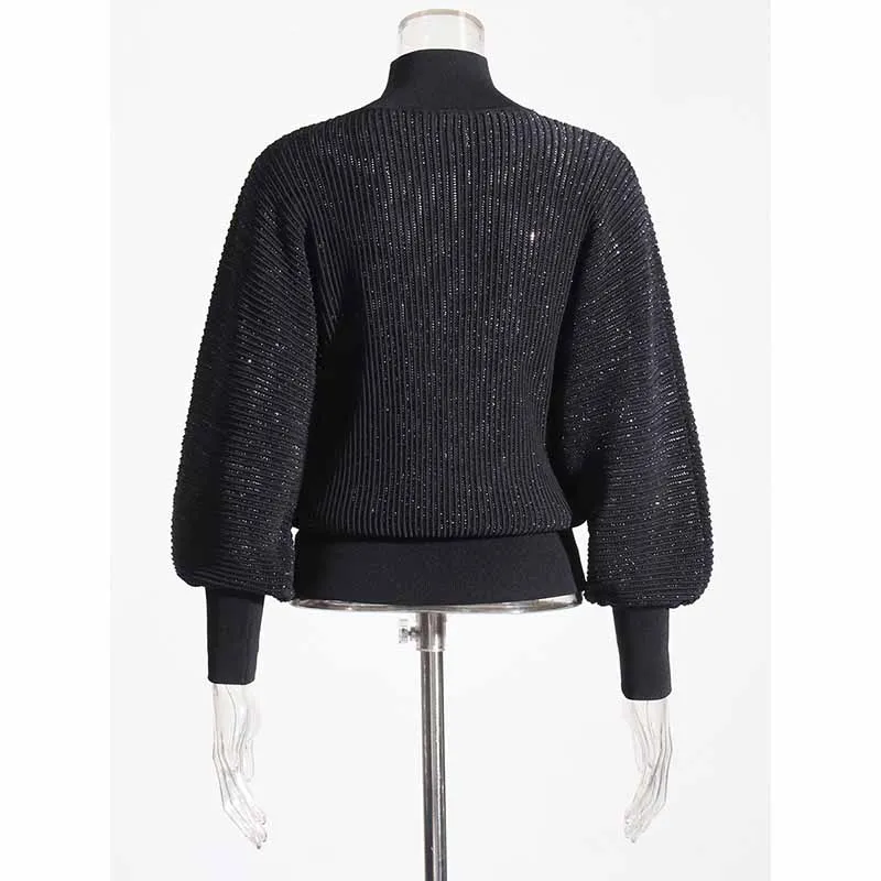 Women Stand Collar Lantern Sleeve Sweater