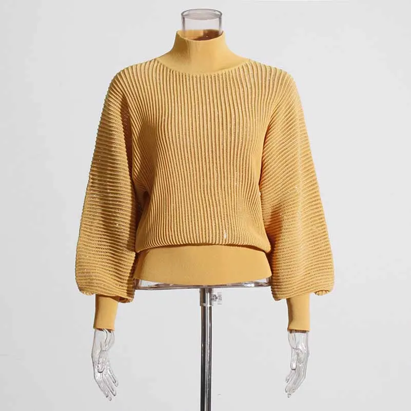 Women Stand Collar Lantern Sleeve Sweater