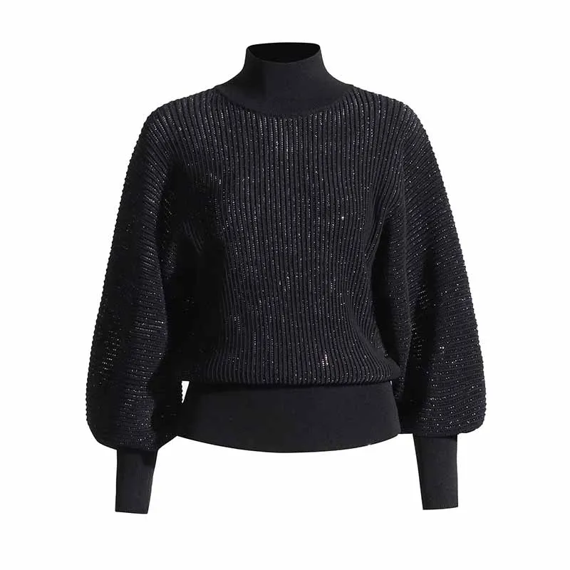 Women Stand Collar Lantern Sleeve Sweater